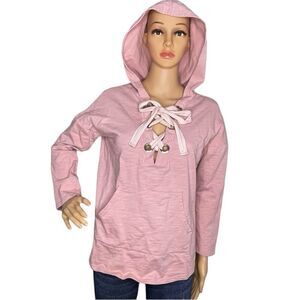 She + Sky Hooded Corset Tie Front Long Sleeve Sweatshirt Blush Pink Size Small